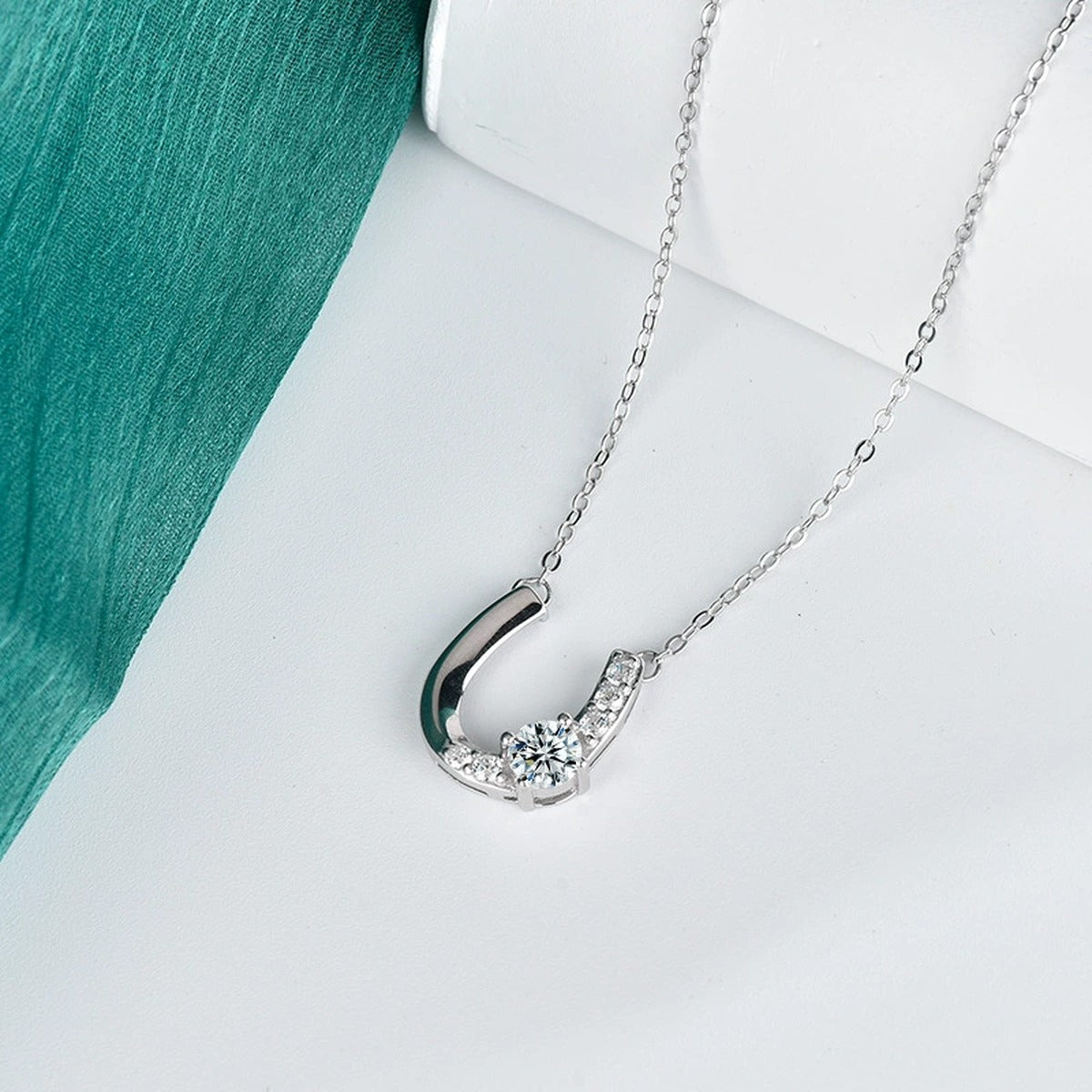 Horseshoe Round Moissanite Necklace with CZ in Gold-Plated S925 sterling silver angled product detail view