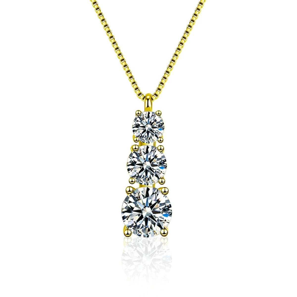 Vertical Three-Stone Moissanite Necklace in Gold-Plated S925 sterling silver white background product photo showing vertical three-stone pendant with round moissanite stones, offered in two chain types and two metal colors