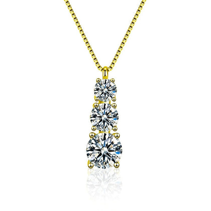 Vertical Three-Stone Moissanite Necklace in Gold-Plated S925 sterling silver white background product photo showing vertical three-stone pendant with round moissanite stones, offered in two chain types and two metal colors