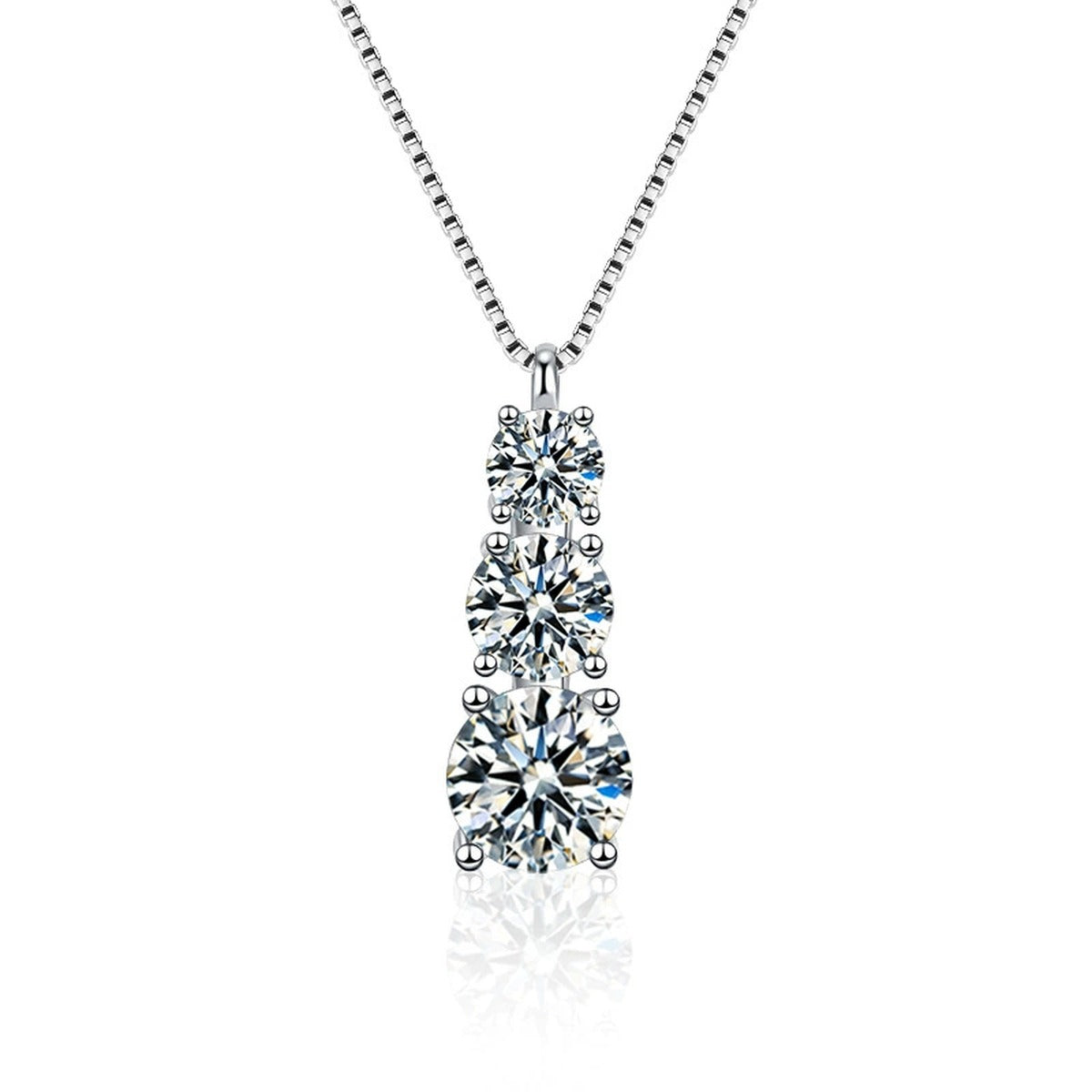 Vertical Three-Stone Moissanite Necklace in Gold-Plated S925 sterling silver white background product photo showing vertical three-stone pendant with round moissanite stones, offered in two chain types and two metal colors