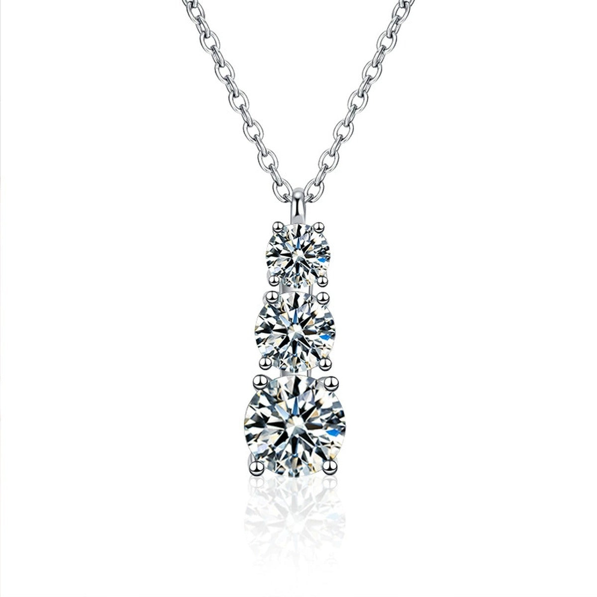 Vertical Three-Stone Moissanite Necklace in Gold-Plated S925 sterling silver white background product photo showing vertical three-stone pendant with round moissanite stones, offered in two chain types and two metal colors