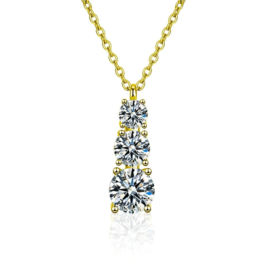 Vertical Three-Stone Moissanite Necklace in Gold-Plated S925 sterling silver white background product photo showing vertical three-stone pendant with round moissanite stones, offered in two chain types and two metal colors