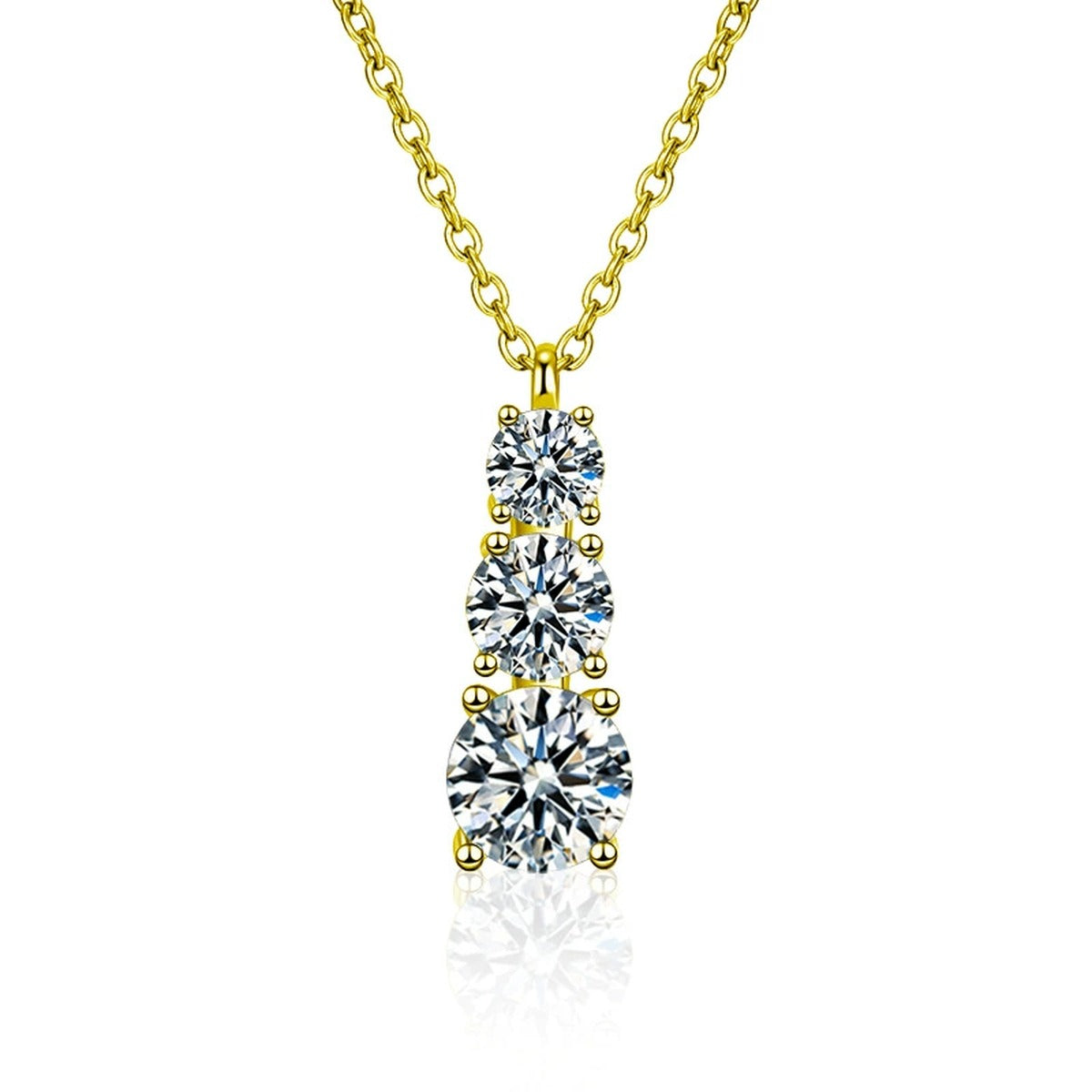 Vertical Three-Stone Moissanite Necklace in Gold-Plated S925 sterling silver white background product photo showing vertical three-stone pendant with round moissanite stones, offered in two chain types and two metal colors
