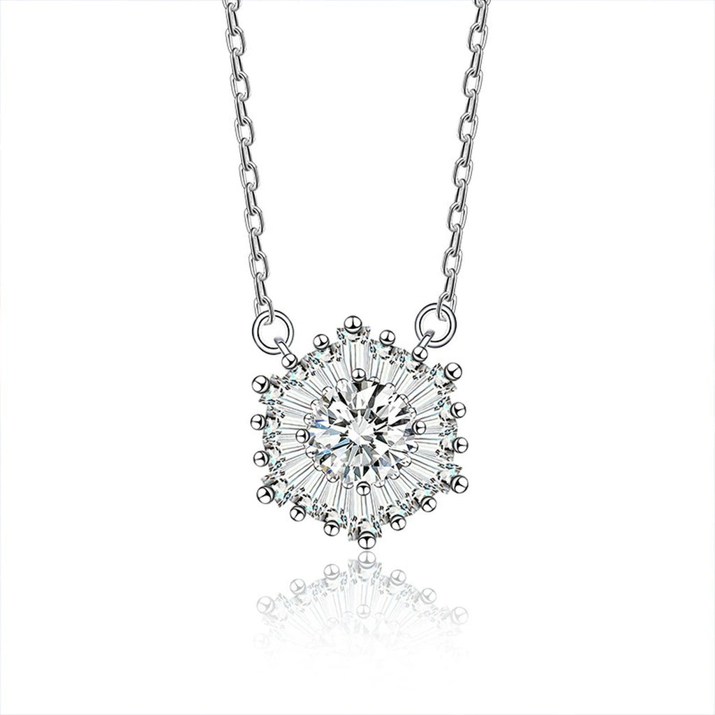 Snowflake Round Moissanite Necklace with CZ in White Gold-Plated S925 sterling silver white background product photo showing snowflake pendant with a round moissanite center and CZ crystal-like frame