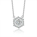 Snowflake Round Moissanite Necklace with CZ in White Gold-Plated S925 sterling silver white background product photo showing snowflake pendant with a round moissanite center and CZ crystal-like frame