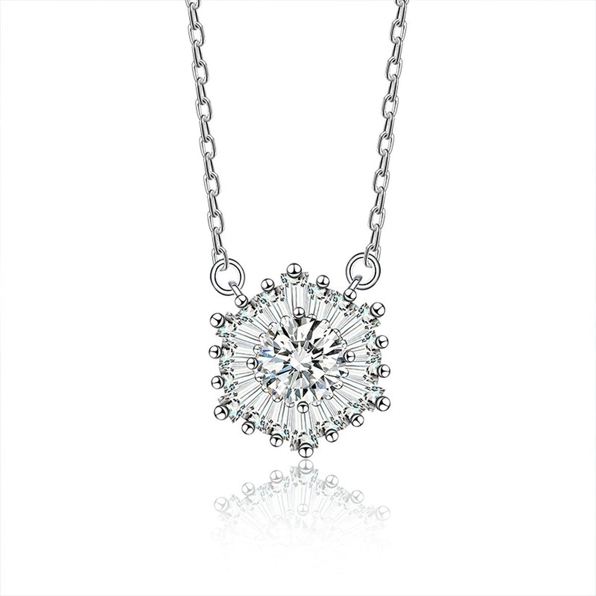 Snowflake Round Moissanite Necklace with CZ in White Gold-Plated S925 sterling silver white background product photo showing snowflake pendant with a round moissanite center and CZ crystal-like frame
