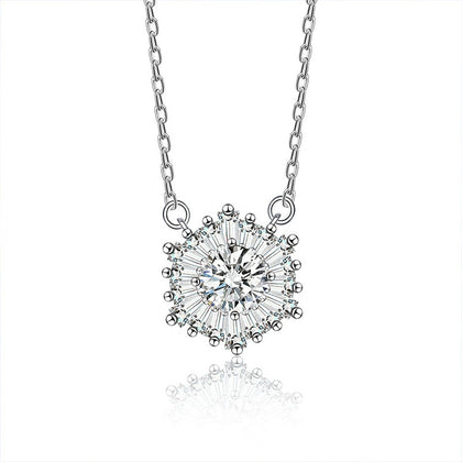 Snowflake Round Moissanite Necklace with CZ in White Gold-Plated S925 sterling silver white background product photo showing snowflake pendant with a round moissanite center and CZ crystal-like frame