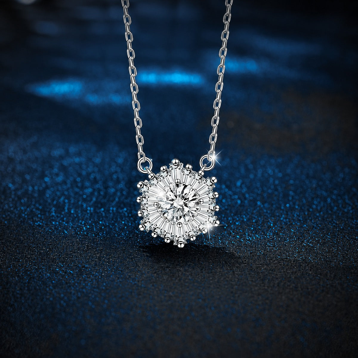 Snowflake Round Moissanite Necklace with CZ in White Gold-Plated S925 sterling silver close-up product scene showing pendant setting