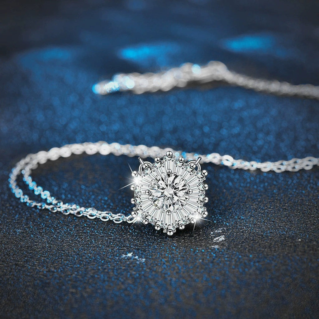 Snowflake Round Moissanite Necklace with CZ in White Gold-Plated S925 sterling silver blue display scene showing chain and stone layout