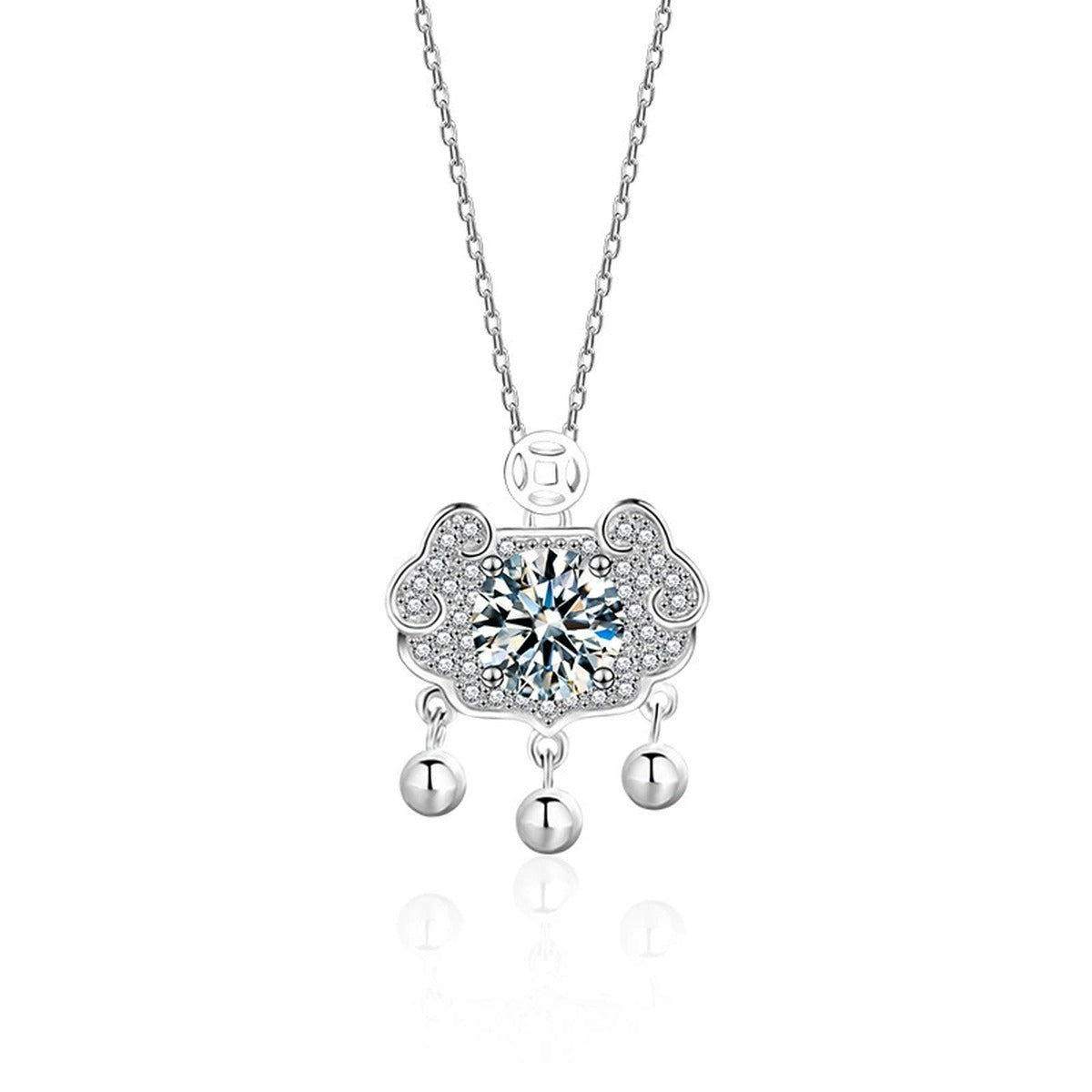 Ruyi Lock Round Moissanite Necklace with CZ in White Gold-Plated S925 sterling silver white background product photo showing ruyi lock-inspired pendant with a 1 ct round moissanite and CZ accents