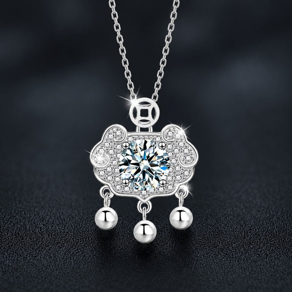 Ruyi Lock Round Moissanite Necklace with CZ in White Gold-Plated S925 sterling silver close-up product scene showing pendant setting