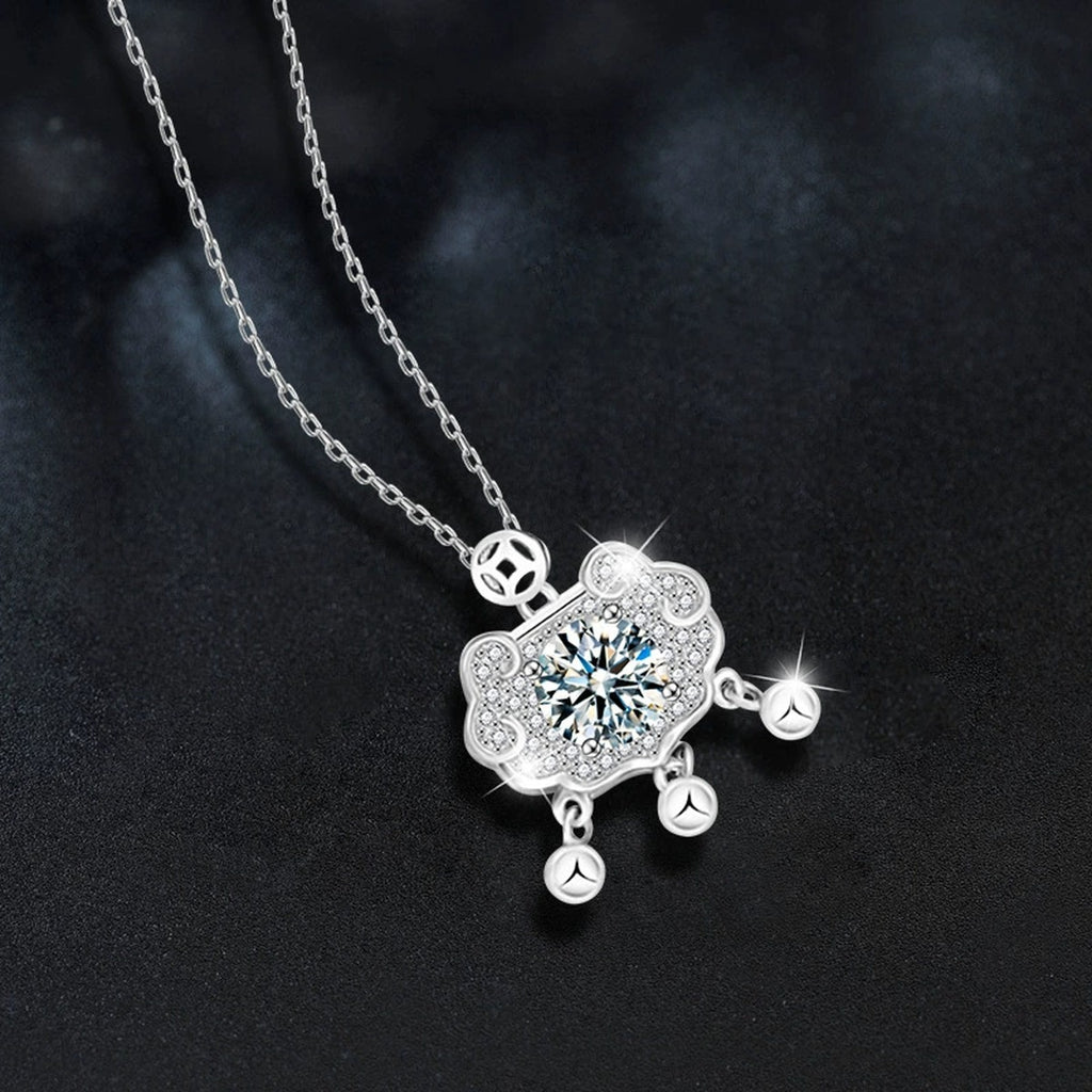 Ruyi Lock Round Moissanite Necklace with CZ in White Gold-Plated S925 sterling silver blue display scene showing chain and stone layout