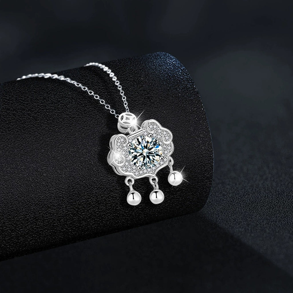 Ruyi Lock Round Moissanite Necklace with CZ in White Gold-Plated S925 sterling silver angled product detail view