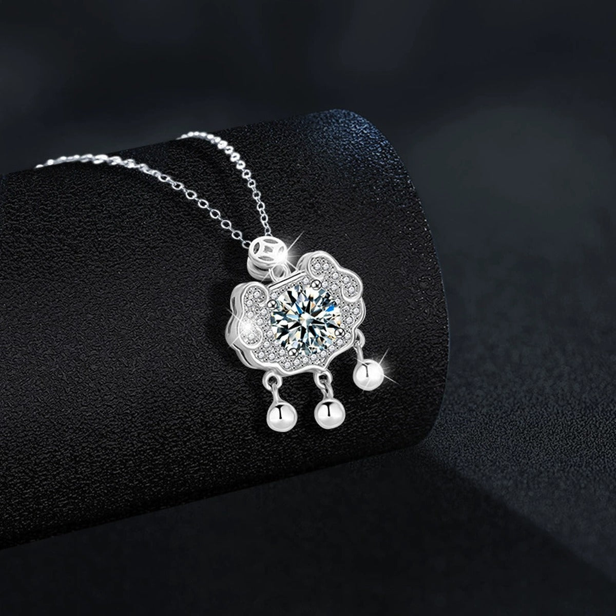 Ruyi Lock Round Moissanite Necklace with CZ in White Gold-Plated S925 sterling silver angled product detail view