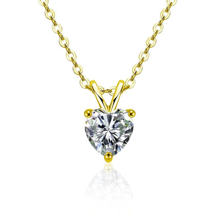 Heart Cut Moissanite Solitaire Necklace in Gold-Plated S925 sterling silver white background front product view showing a heart-cut solitaire held in a clean prong setting