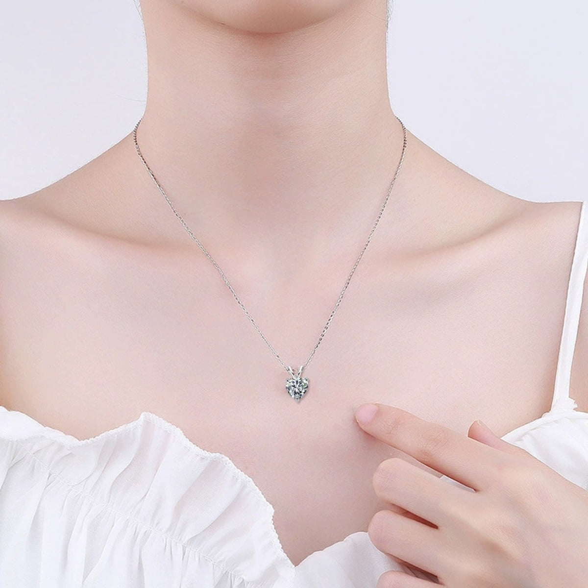 Heart Cut Moissanite Solitaire Necklace in Gold-Plated S925 sterling silver neckline model view showing pendant scale and chain length