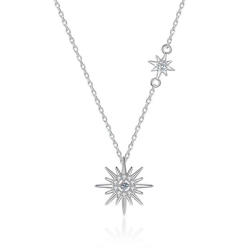 Sunburst Round Moissanite Necklace with CZ in White Gold-Plated S925 sterling silver white background product photo showing sunburst pendant with a small round moissanite center and CZ rays