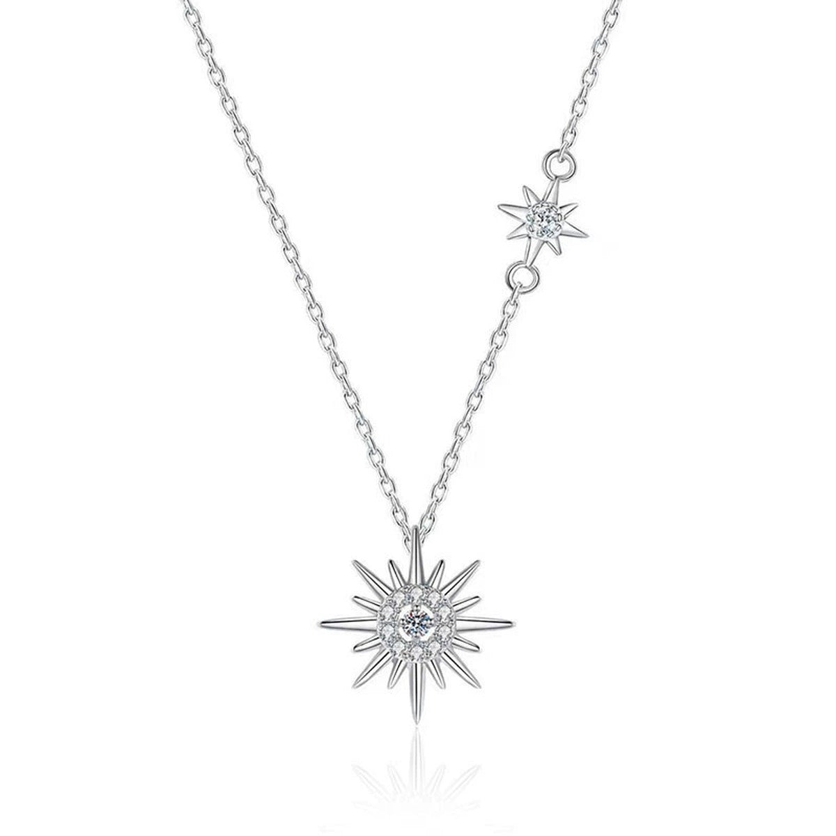 Sunburst Round Moissanite Necklace with CZ in White Gold-Plated S925 sterling silver white background product photo showing sunburst pendant with a small round moissanite center and CZ rays