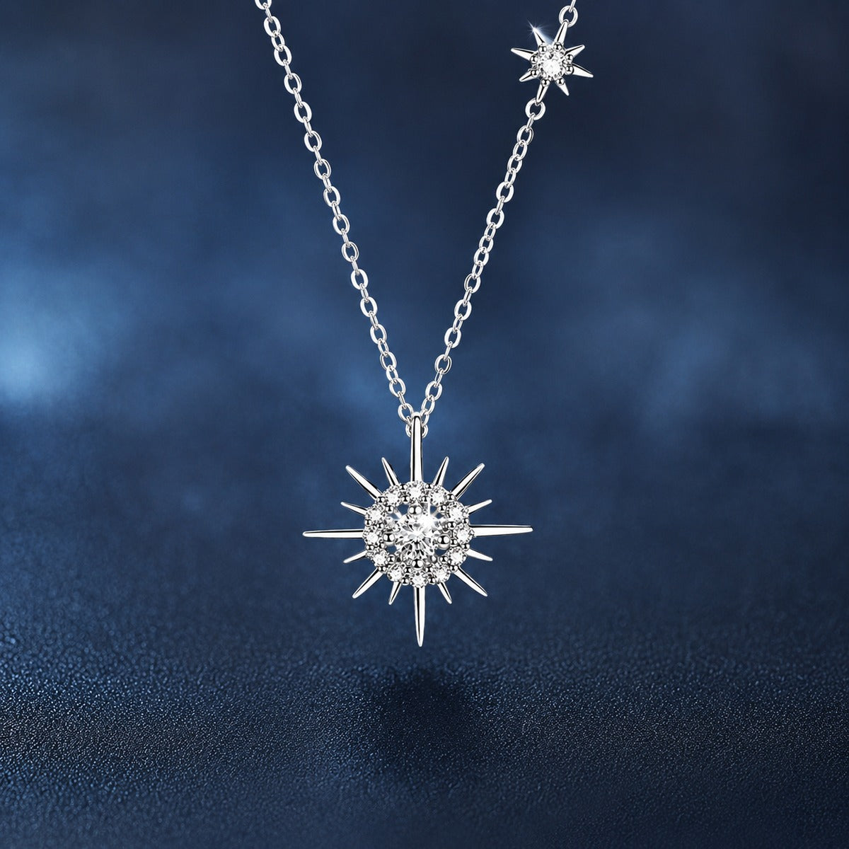 Sunburst Round Moissanite Necklace with CZ in White Gold-Plated S925 sterling silver close-up product scene showing pendant setting