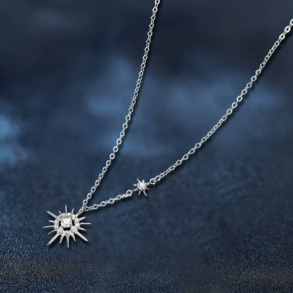 Sunburst Round Moissanite Necklace with CZ in White Gold-Plated S925 sterling silver blue display scene showing chain and stone layout