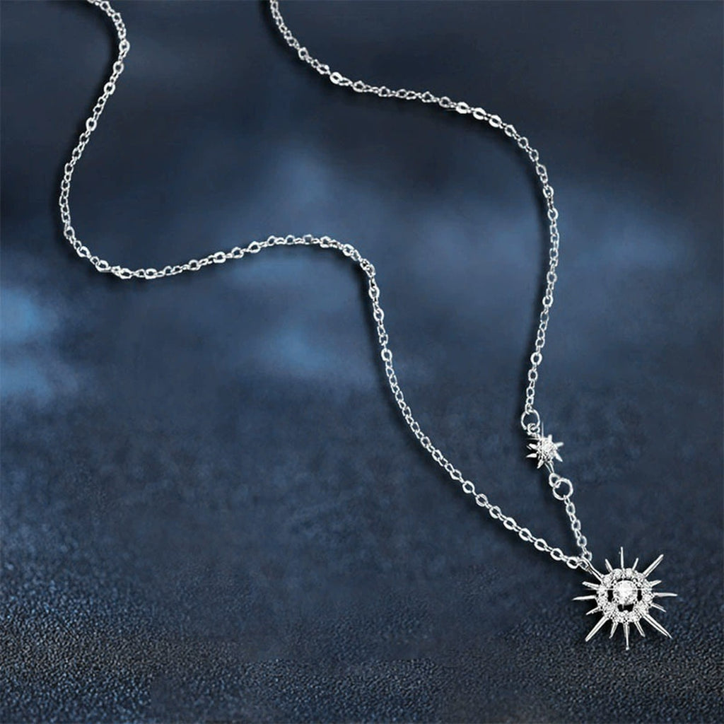 Sunburst Round Moissanite Necklace with CZ in White Gold-Plated S925 sterling silver angled product detail view