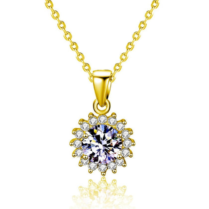 Sunflower Halo Round Moissanite Necklace with CZ in Gold-Plated S925 sterling silver white background front product view showing a sunflower-inspired halo surrounding a round moissanite
