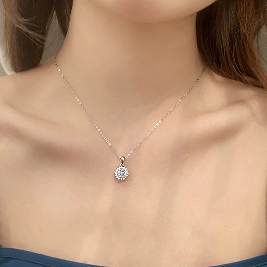 Sunflower Halo Round Moissanite Necklace with CZ in Gold-Plated S925 sterling silver neckline model view showing pendant scale and chain length