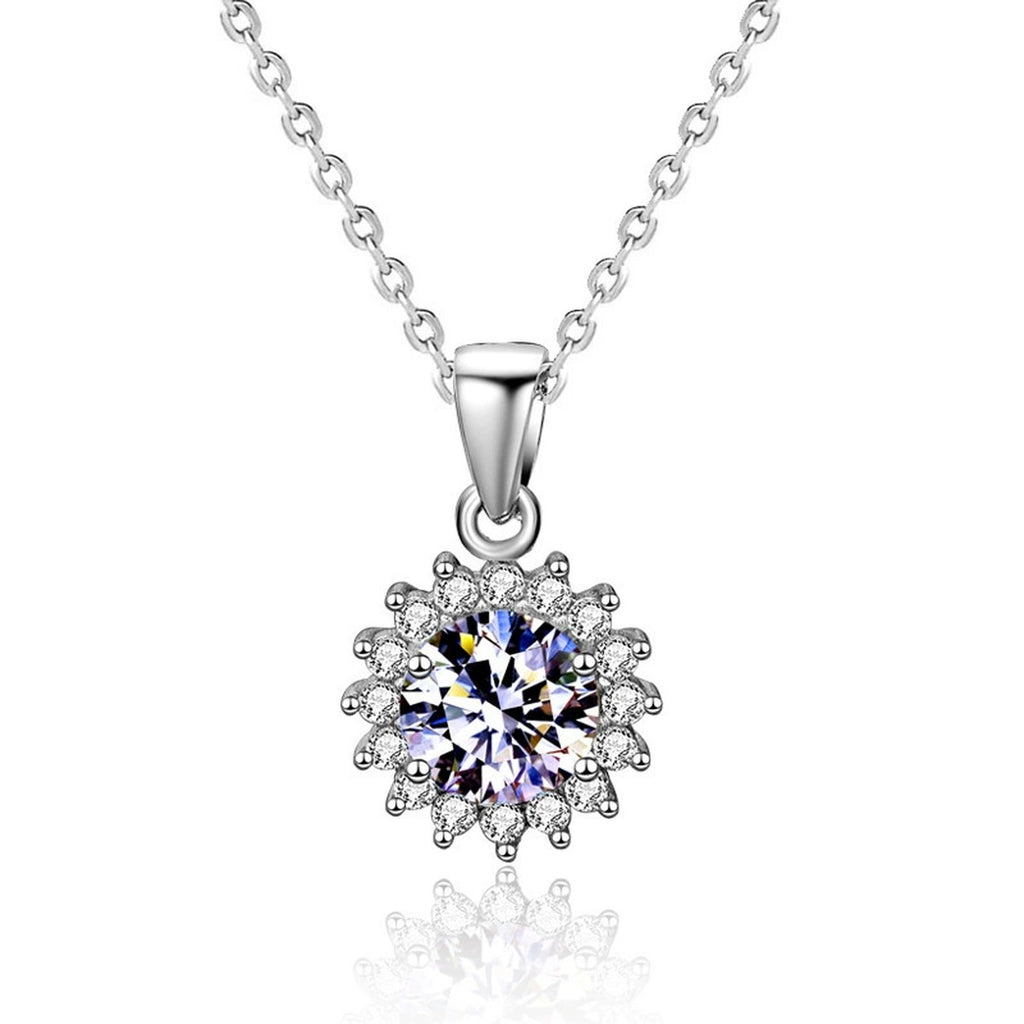 Sunflower Halo Round Moissanite Necklace with CZ in Gold-Plated S925 sterling silver alternate metal color white background product view showing a sunflower-inspired halo surrounding a round moissanite