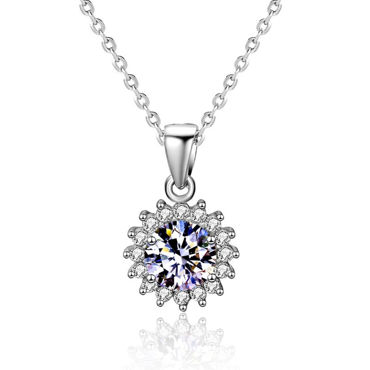 Sunflower Halo Round Moissanite Necklace with CZ in Gold-Plated S925 sterling silver alternate metal color white background product view showing a sunflower-inspired halo surrounding a round moissanite