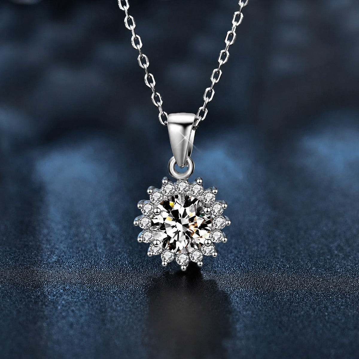 Sunflower Halo Round Moissanite Necklace with CZ in Gold-Plated S925 sterling silver close-up styled product scene showing pendant setting