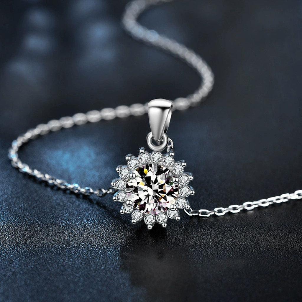 Sunflower Halo Round Moissanite Necklace with CZ in Gold-Plated S925 sterling silver display scene showing chain and stone layout