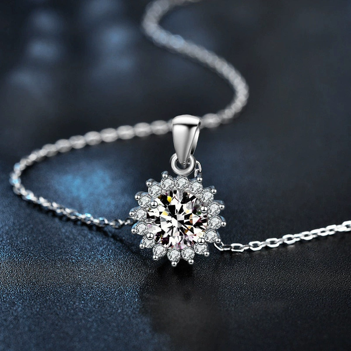 Sunflower Halo Round Moissanite Necklace with CZ in Gold-Plated S925 sterling silver display scene showing chain and stone layout