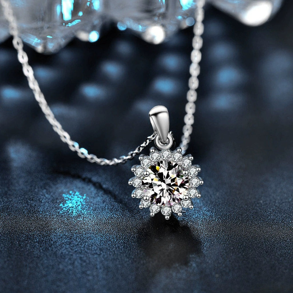 Sunflower Halo Round Moissanite Necklace with CZ in Gold-Plated S925 sterling silver angled product detail view
