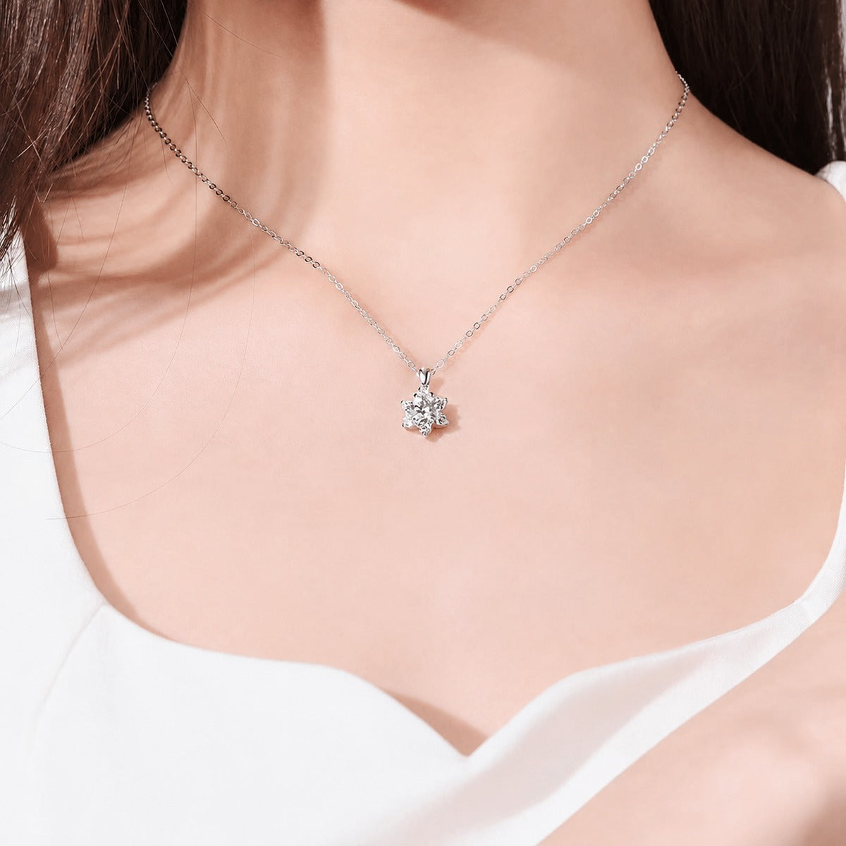 Snowflake Round Moissanite Necklace with CZ in Gold-Plated S925 sterling silver neckline model view showing pendant scale and chain length