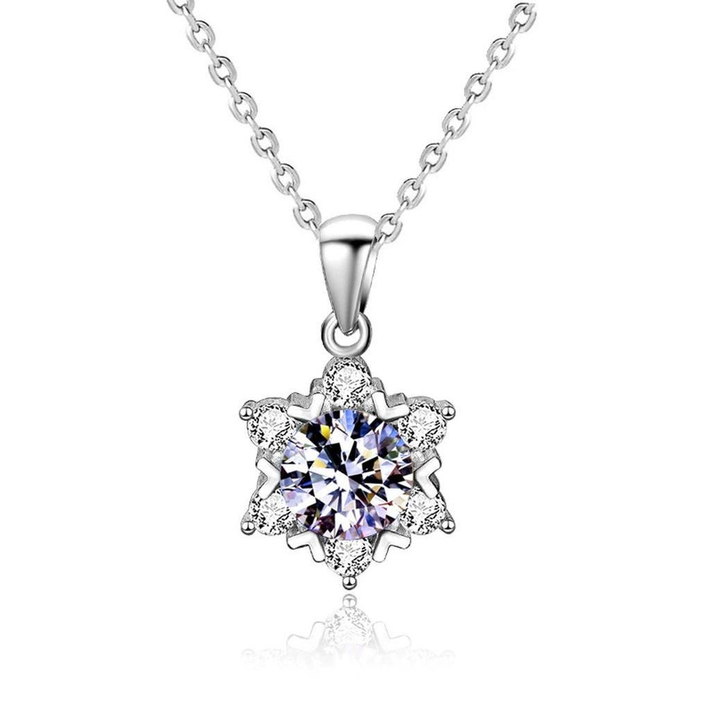 Snowflake Round Moissanite Necklace with CZ in Gold-Plated S925 sterling silver alternate metal color white background product view showing a six-point snowflake silhouette around a round center stone