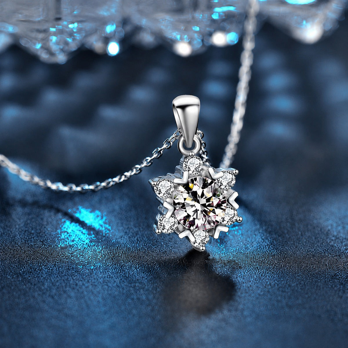 Snowflake Round Moissanite Necklace with CZ in Gold-Plated S925 sterling silver close-up styled product scene showing pendant setting