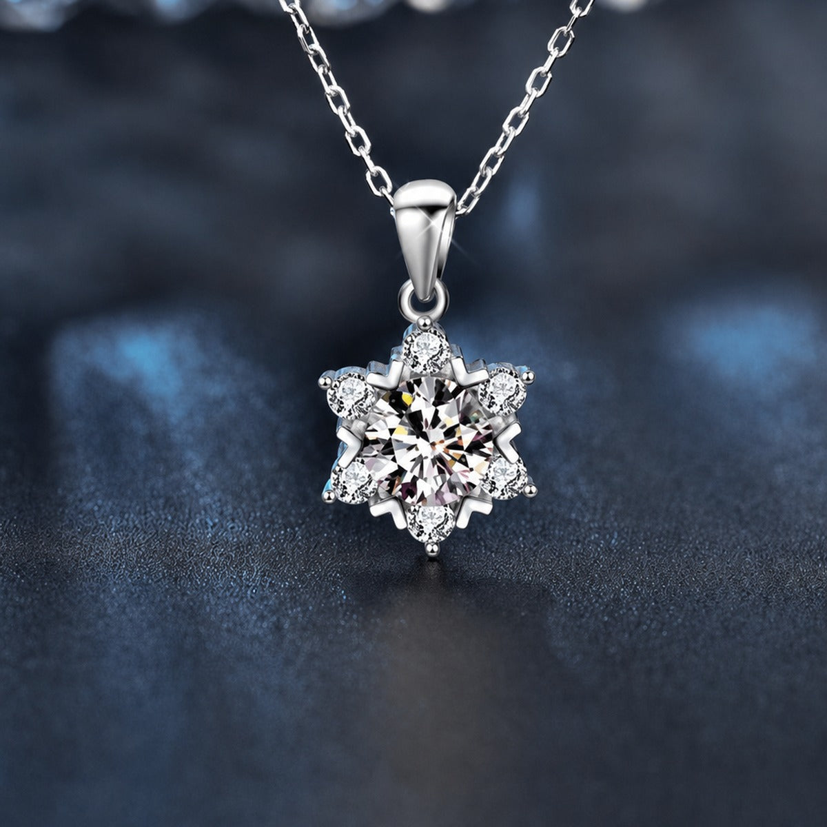 Snowflake Round Moissanite Necklace with CZ in Gold-Plated S925 sterling silver display scene showing chain and stone layout