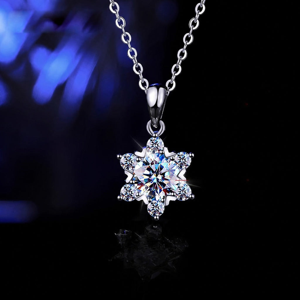 Snowflake Round Moissanite Necklace with CZ in Gold-Plated S925 sterling silver angled product detail view