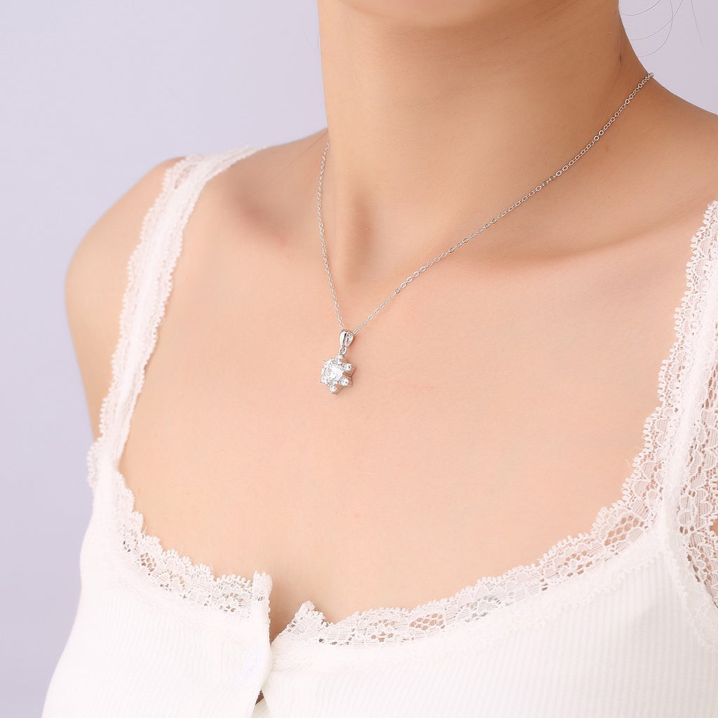 Snowflake Round Moissanite Necklace with CZ in Gold-Plated S925 sterling silver additional worn styling view showing the pendant on the body