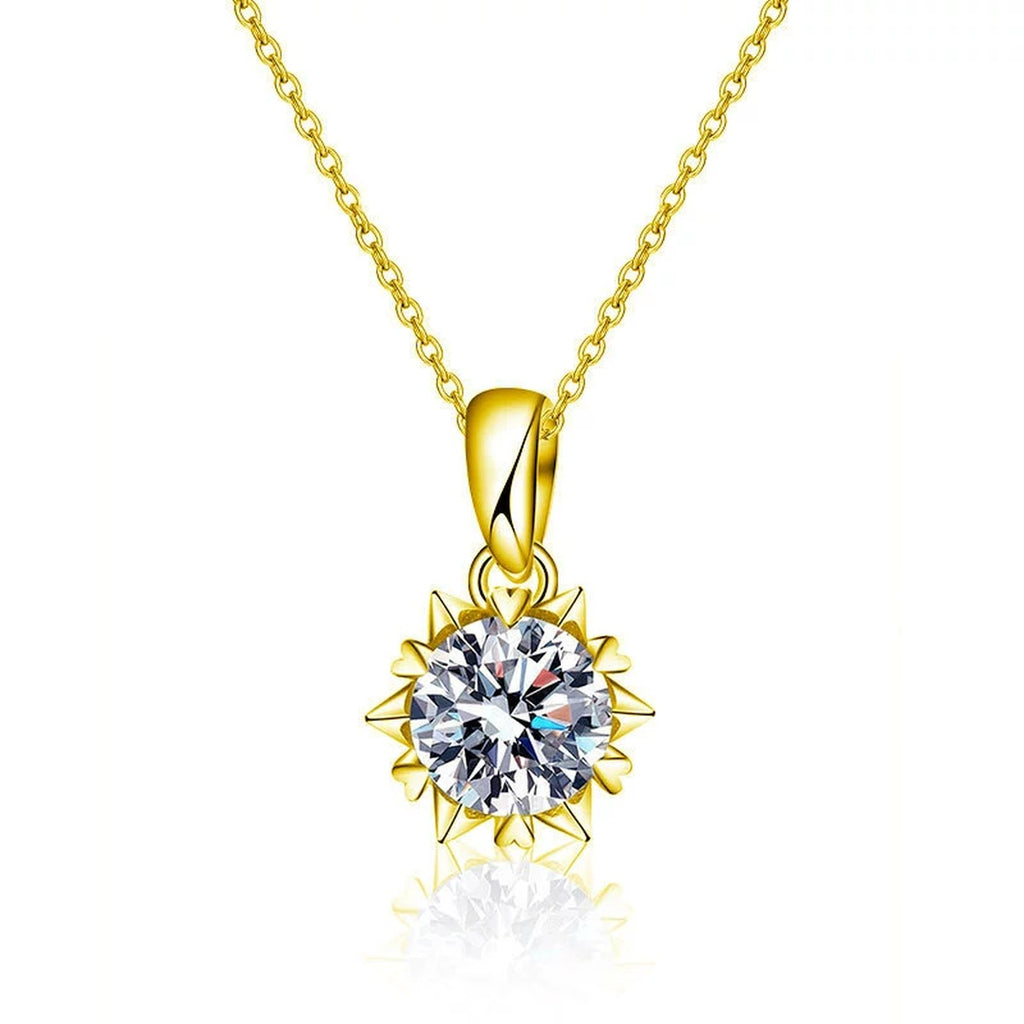 Snowflake Round Moissanite Necklace in Gold-Plated S925 sterling silver white background product photo showing snowflake pendant offered in yellow gold and white gold plating