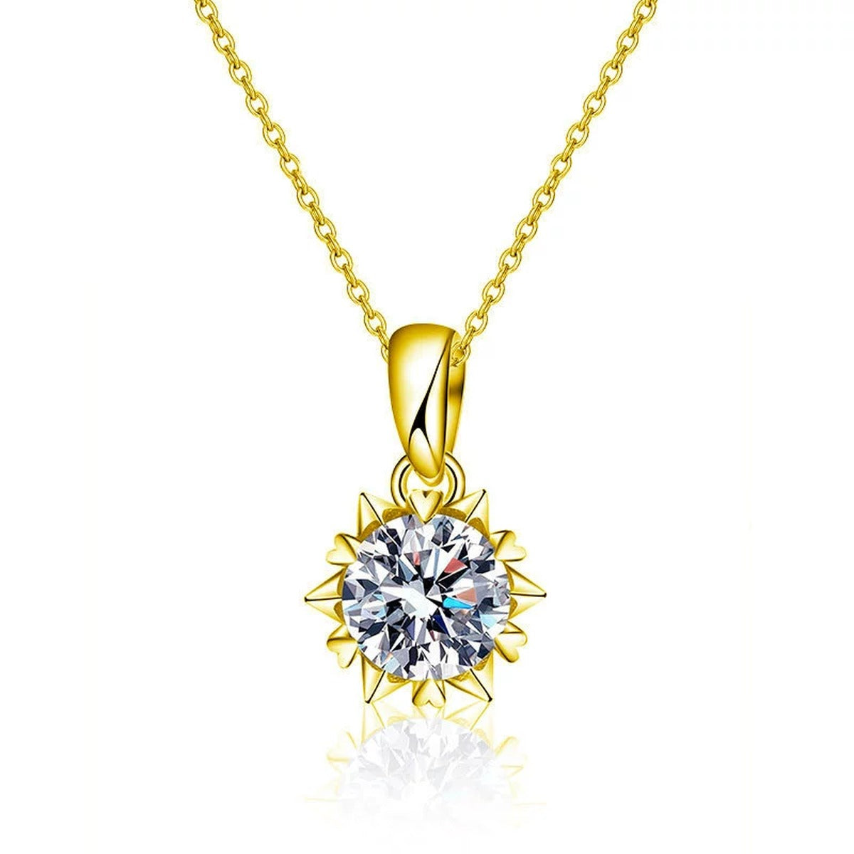 Snowflake Round Moissanite Necklace in Gold-Plated S925 sterling silver white background product photo showing snowflake pendant offered in yellow gold and white gold plating