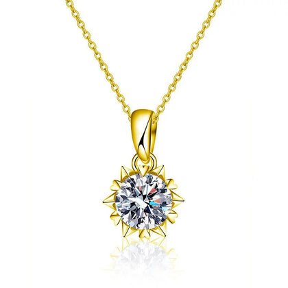 Snowflake Round Moissanite Necklace in Gold-Plated S925 sterling silver white background product photo showing snowflake pendant offered in yellow gold and white gold plating