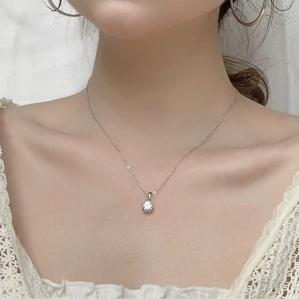 Snowflake Round Moissanite Necklace in Gold-Plated S925 sterling silver neckline model view showing pendant scale and chain length