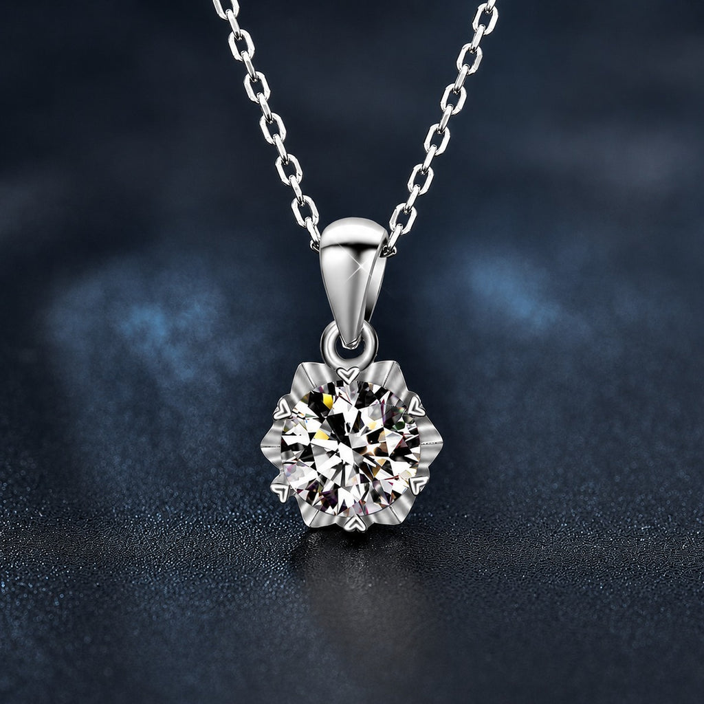 Snowflake Round Moissanite Necklace in Gold-Plated S925 sterling silver blue display scene showing chain and stone layout