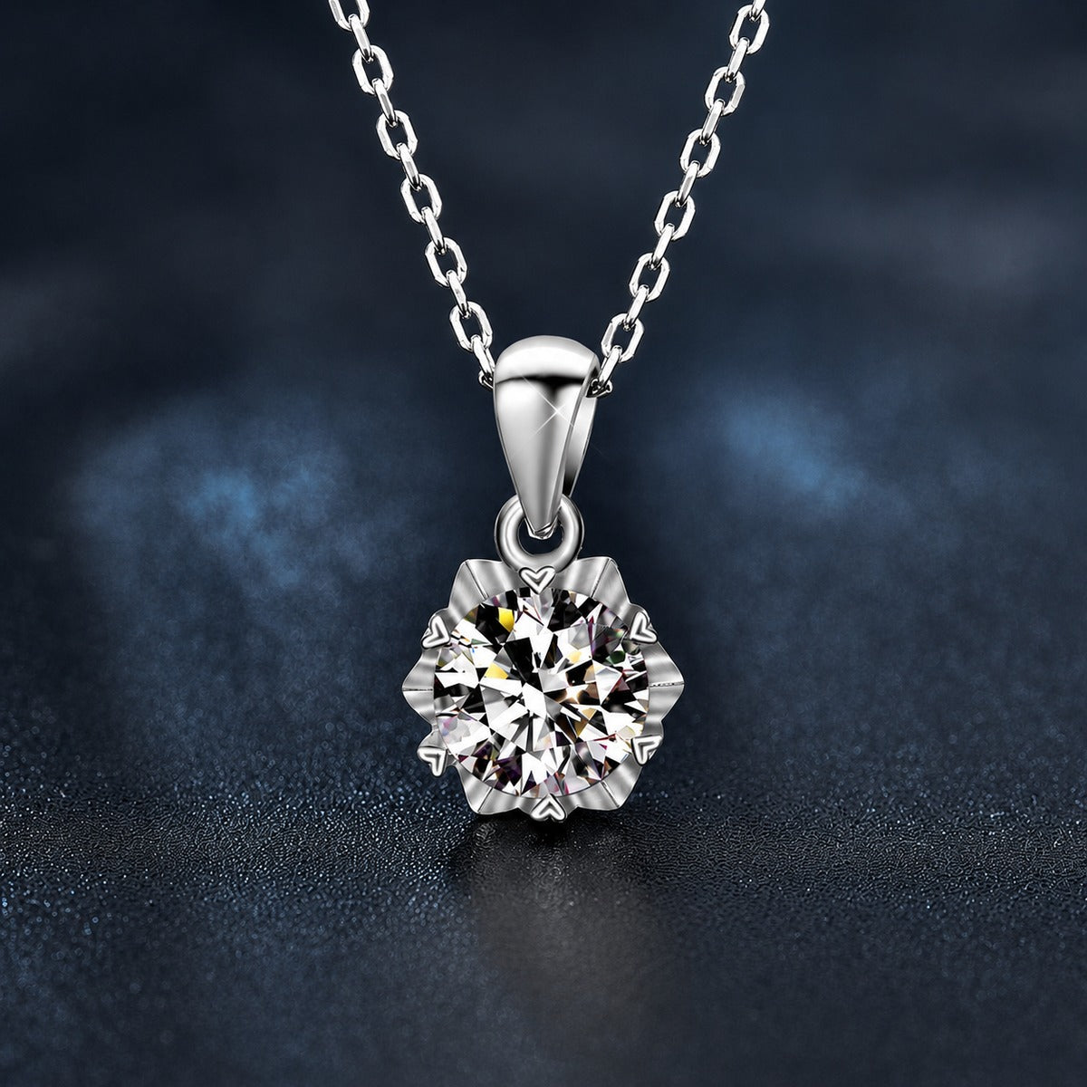 Snowflake Round Moissanite Necklace in Gold-Plated S925 sterling silver blue display scene showing chain and stone layout