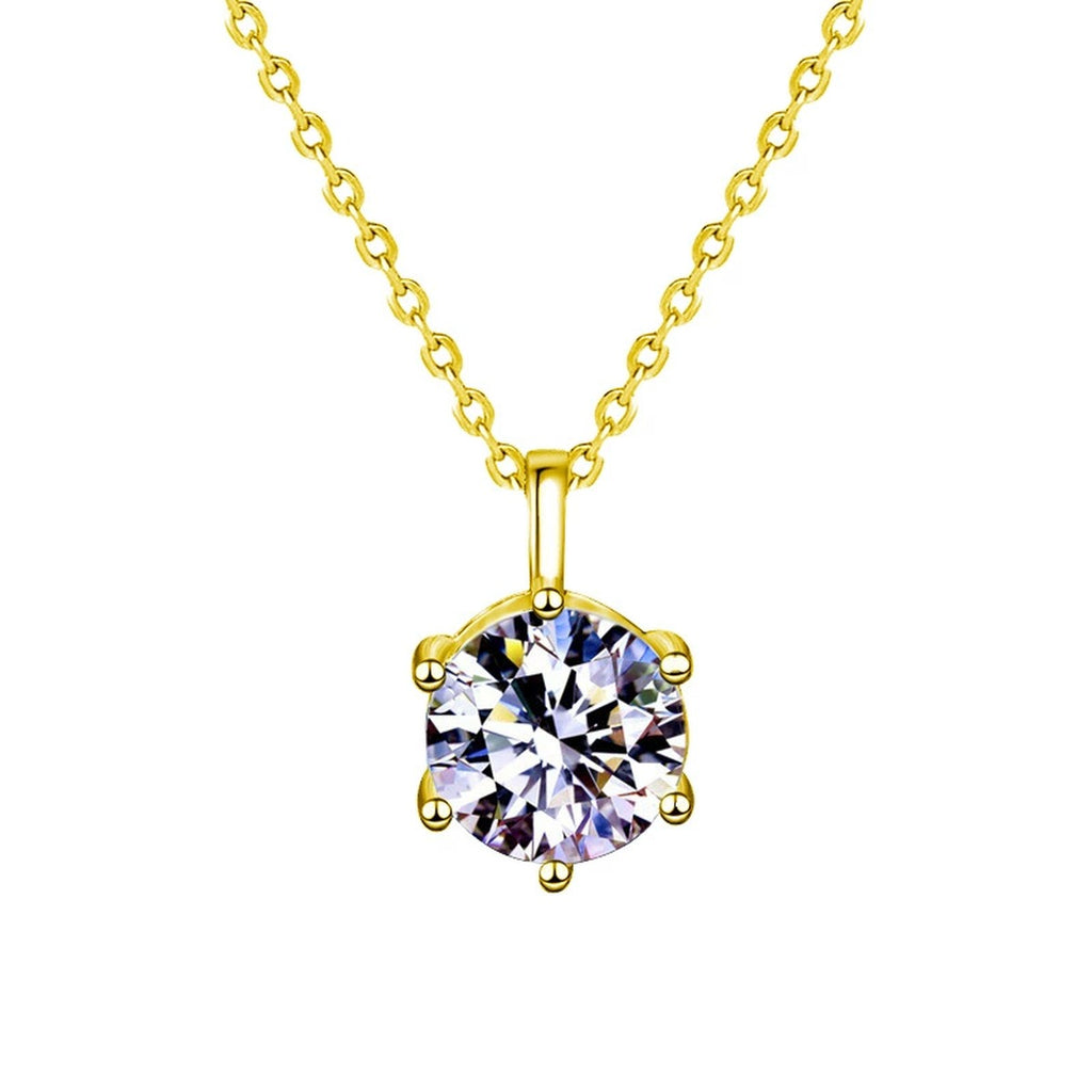 Six-Prong Round Moissanite Solitaire Necklace in Gold-Plated S925 sterling silver white background front product view showing a classic six-prong solitaire with white or iridescent moissanite