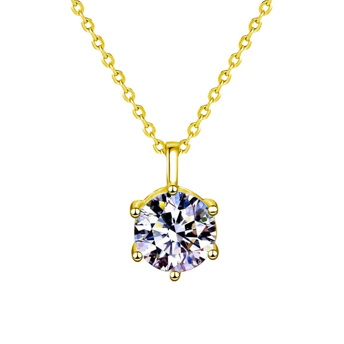 Six-Prong Round Moissanite Solitaire Necklace in Gold-Plated S925 sterling silver white background front product view showing a classic six-prong solitaire with white or iridescent moissanite