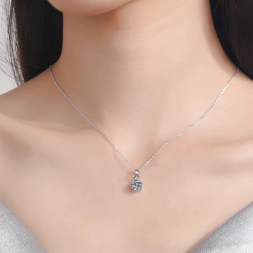 Six-Prong Round Moissanite Solitaire Necklace in Gold-Plated S925 sterling silver neckline model view showing pendant scale and chain length