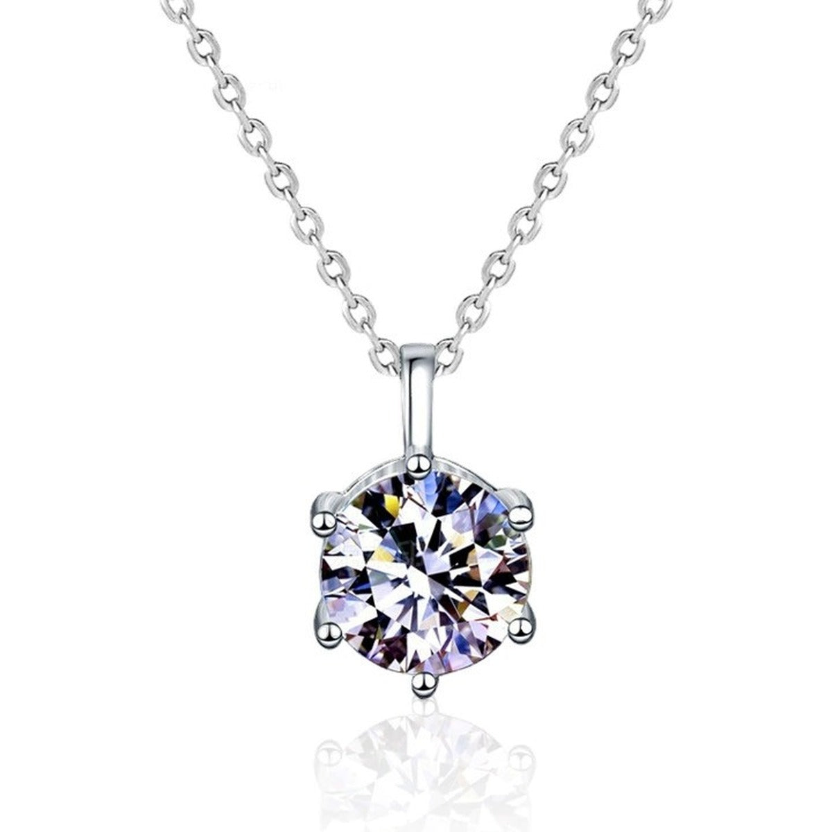 Six-Prong Round Moissanite Solitaire Necklace in Gold-Plated S925 sterling silver alternate metal color white background product view showing a classic six-prong solitaire with white or iridescent moissanite