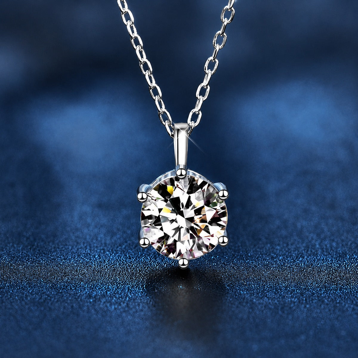Six-Prong Round Moissanite Solitaire Necklace in Gold-Plated S925 sterling silver display scene showing chain and stone layout